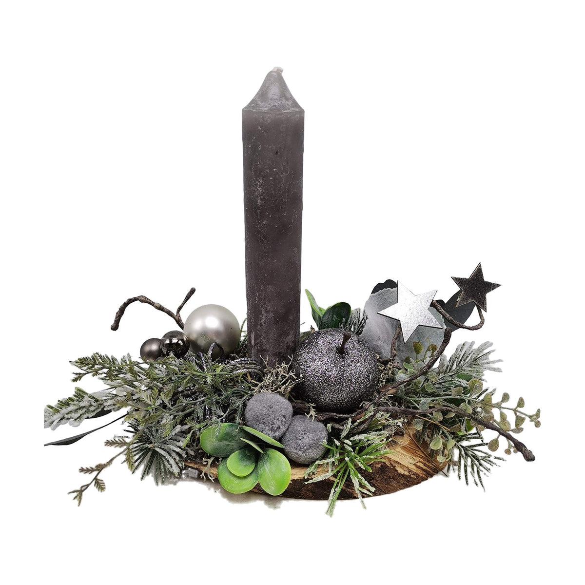 Freigestellt Weihnachtsgesteck Adventsgesteck Kerze Sterne Apfel grau silber