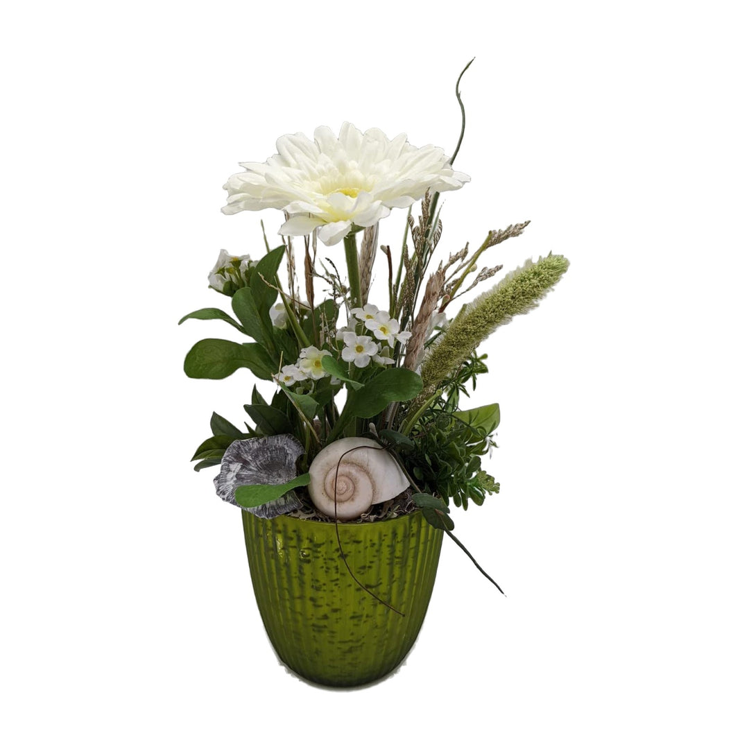 Freigestellt Sommergesteck Tischgesteck Gerbera Schnecke Gräser weiß grün