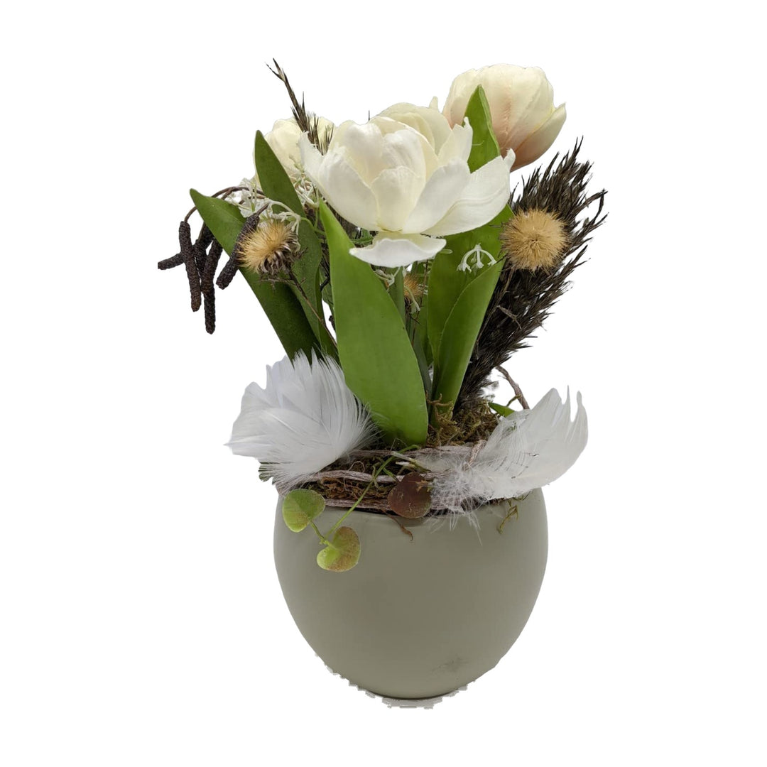 Freigestellt Tischgesteck Sommergesteck Ranunkeln Rose Federn Gräser creme grün