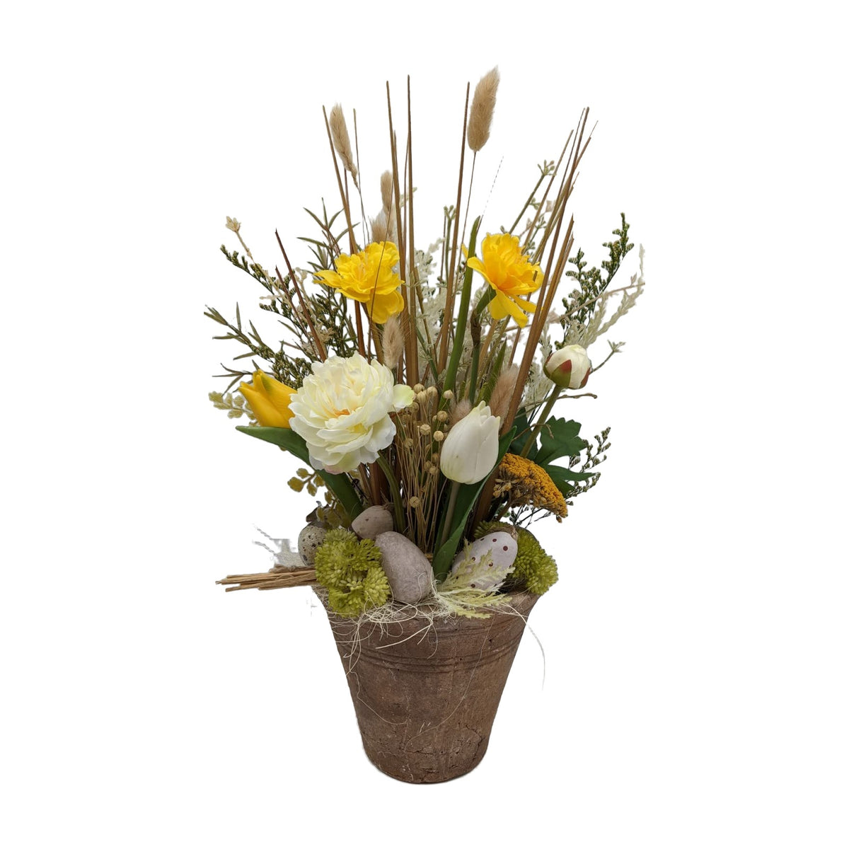Freigestellt Ostergesteck Tulpen Ranunkeln Eier Gräser weiß gelb
