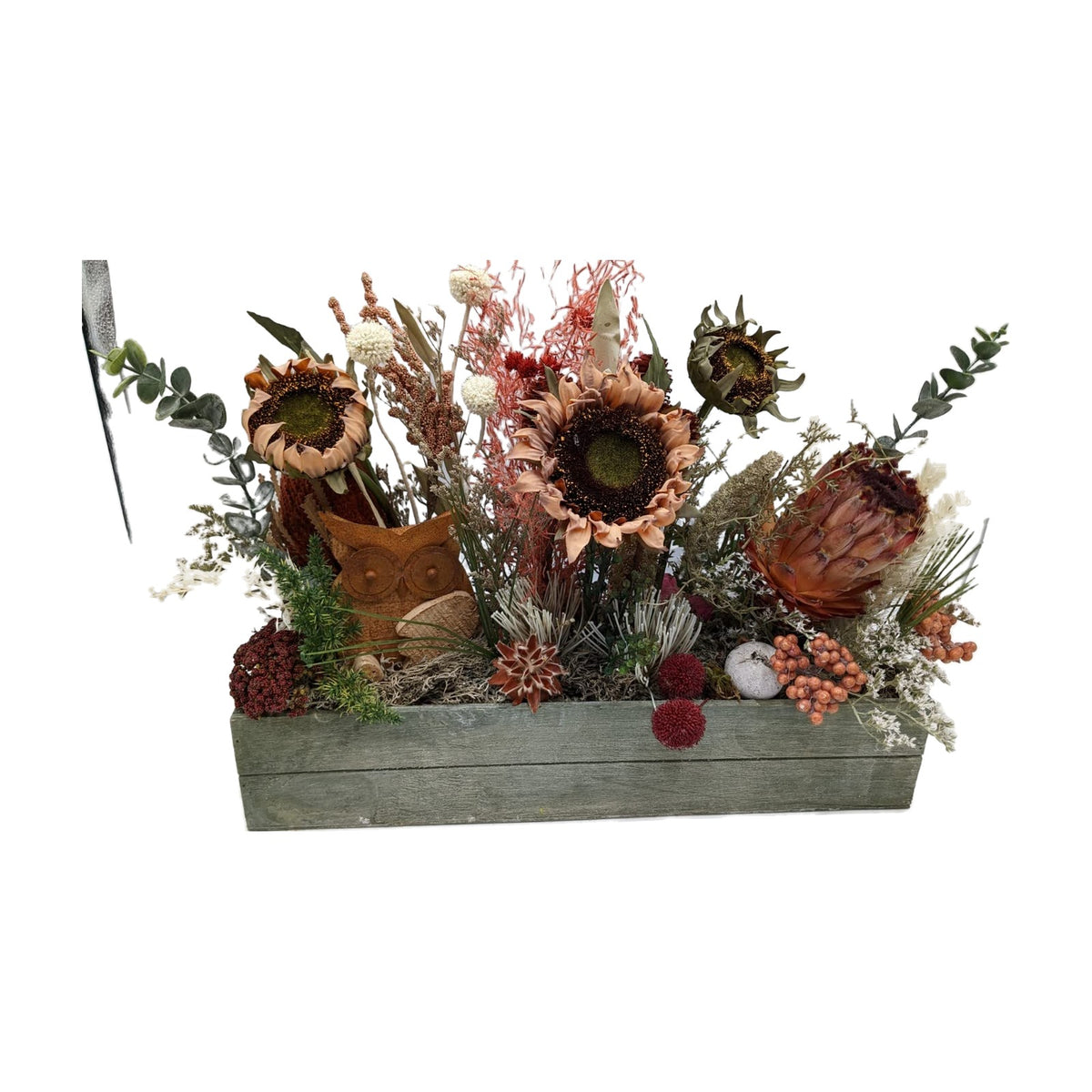 Freigestellt Herbstgesteck Eule Sonnenblumen Beeren Gräser orange apricot