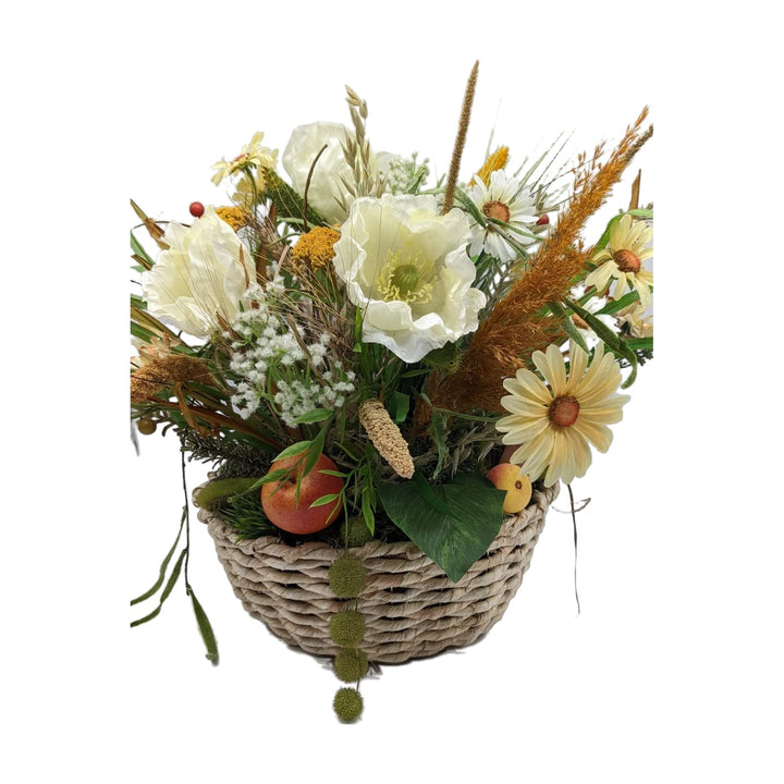 Freigestellt Herbstgesteck Korb Mohnblüten Margeriten Gräser Apfel creme orange