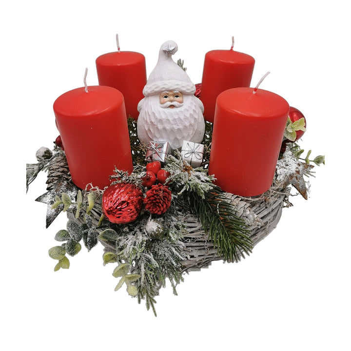 Freigestellt Weihnachtsgesteck Adventskranz Weihnachtsmann Kerzen Zapfen rot weiß