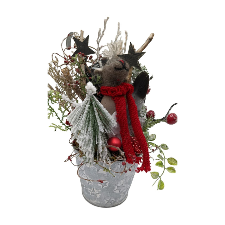 Freigestellt Wintergesteck Weihnachtsgesteck Elch Tannenbaum Sterne Beeren rot weiß