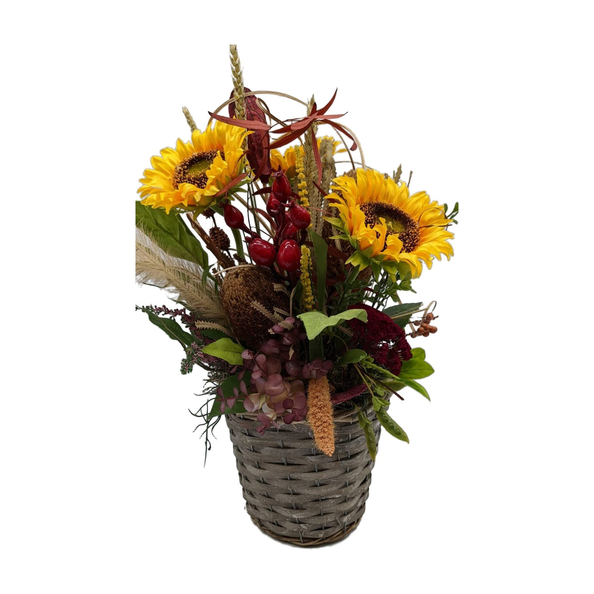 Freigestellt Tischgesteck Sommergesteck Sonnenblumen Banksia Beeren Gräser gelb rot