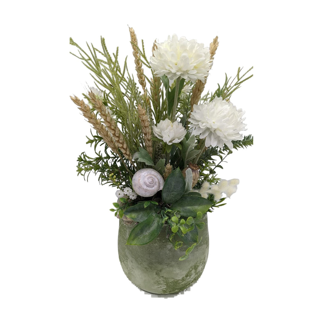 Freigestellt Herbstgesteck Chrysantheme Schnecke Getreide Gräser weiß grün