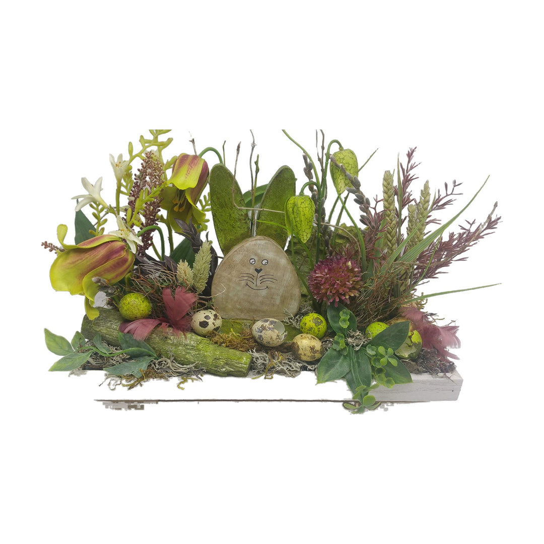 Freigestellt Seidenblumengesteck Ostern Hase Eier Glockenblumen Allium grün lila