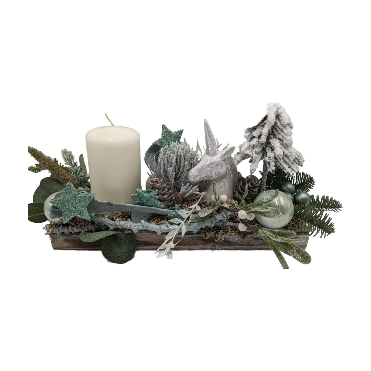 Freigestellt Wintergesteck Weihnachtsgesteck Tischgesteck Einhorn Kerze creme mint