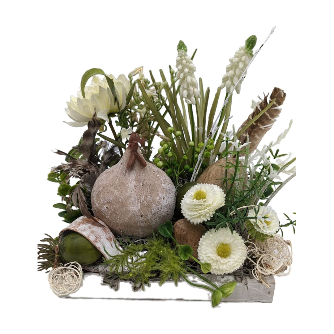 Freigestellt Ostergesteck Frühlingsgesteck Huhn Ei Feder Hyazinthe Bellis weiß natur