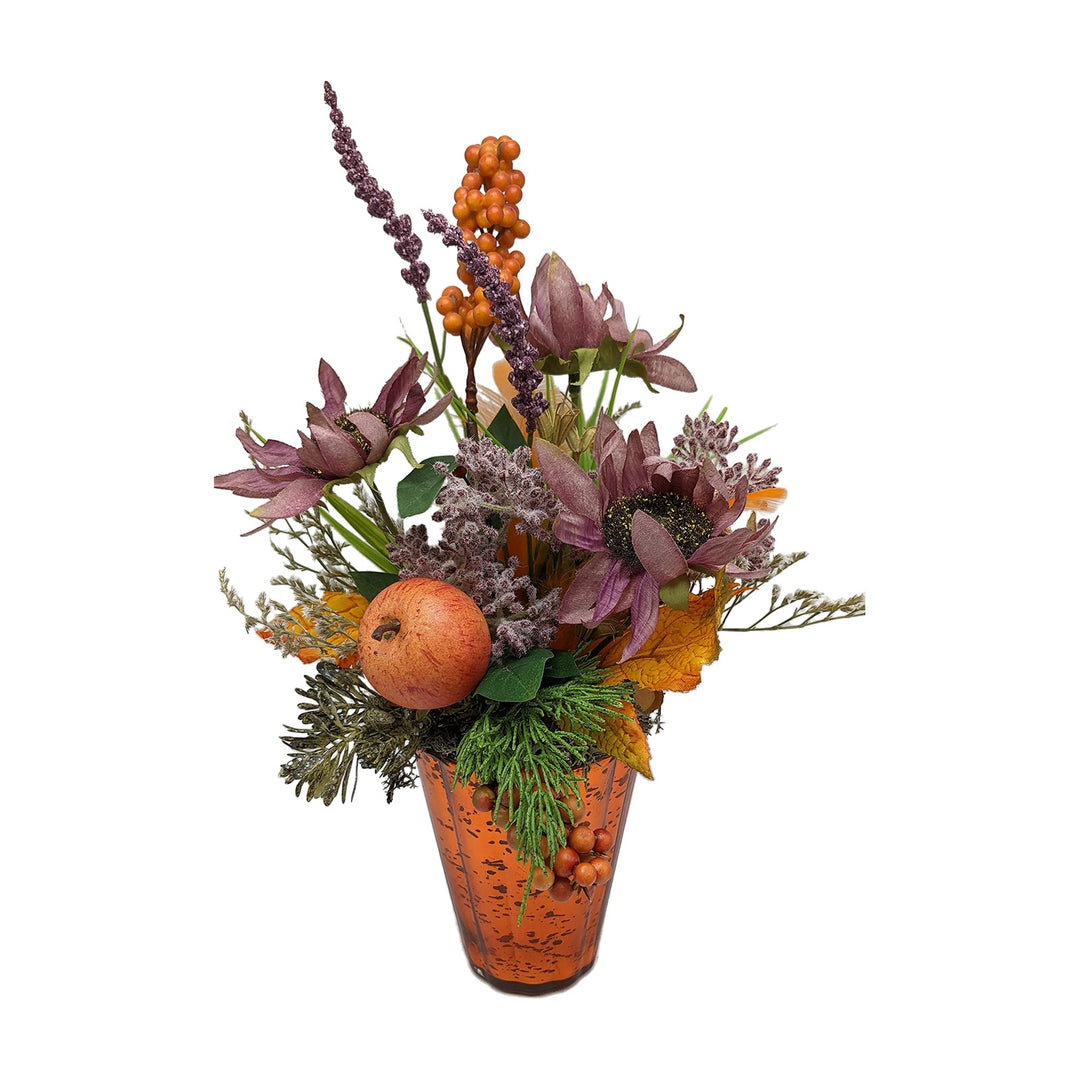 Freigestellt Tischgesteck Herbstgesteck Sonnenblumen Apfel Sanddorn lila orange