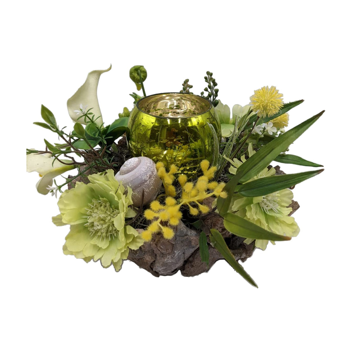 Freigestellt Tischgesteck Sommergesteck Windlicht Calla Mimose Schnecke Gräser grün gelb