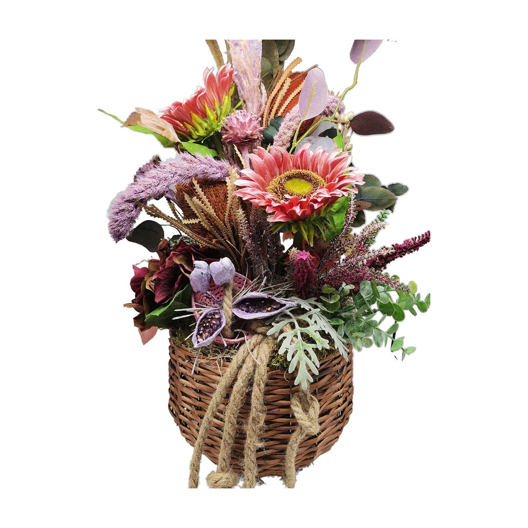 Freigestellt Blumengesteck Herbstgesteck Korb Sonnenblumen Banksia Heide rosa lila XL