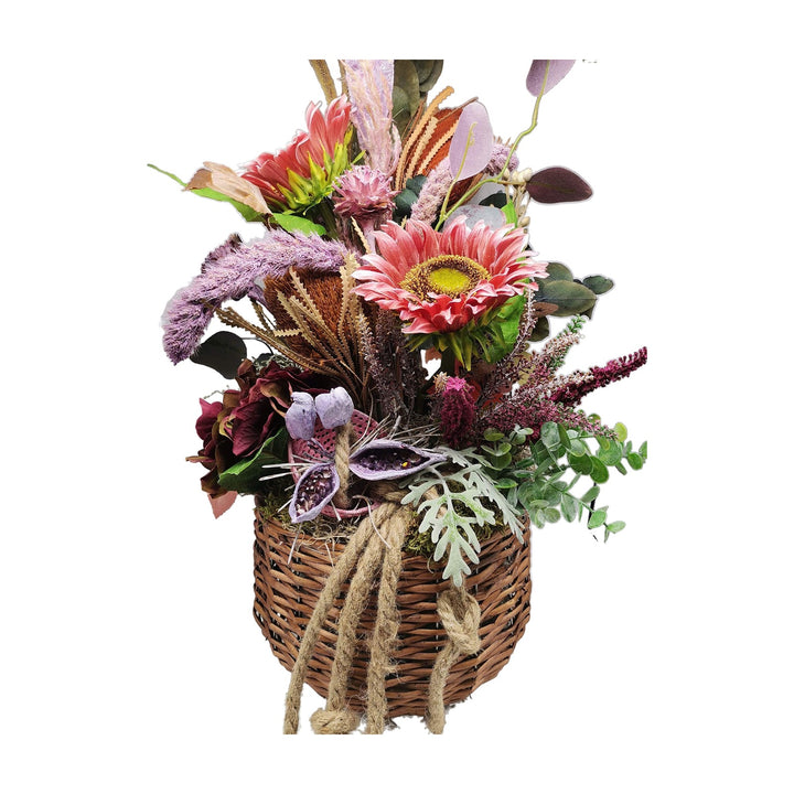 Freigestellt Blumengesteck Herbstgesteck Korb Sonnenblumen Banksia Heide rosa lila XL