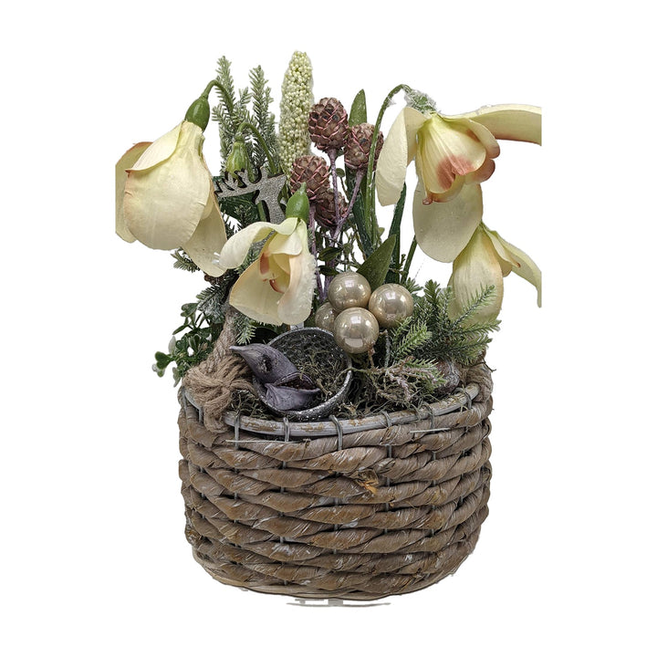 Freigestellt Weihnachtsgesteck Wintergesteck Knotenblumen Kugeln Zapfen creme grün