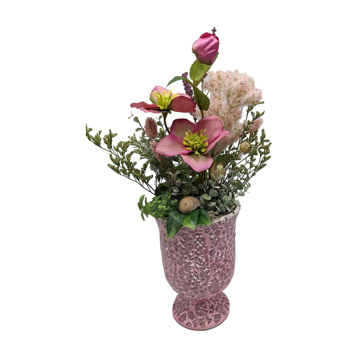 Freigestellt Frühlingsgesteck Christrosen Gräser Schnecke Pokal rosa