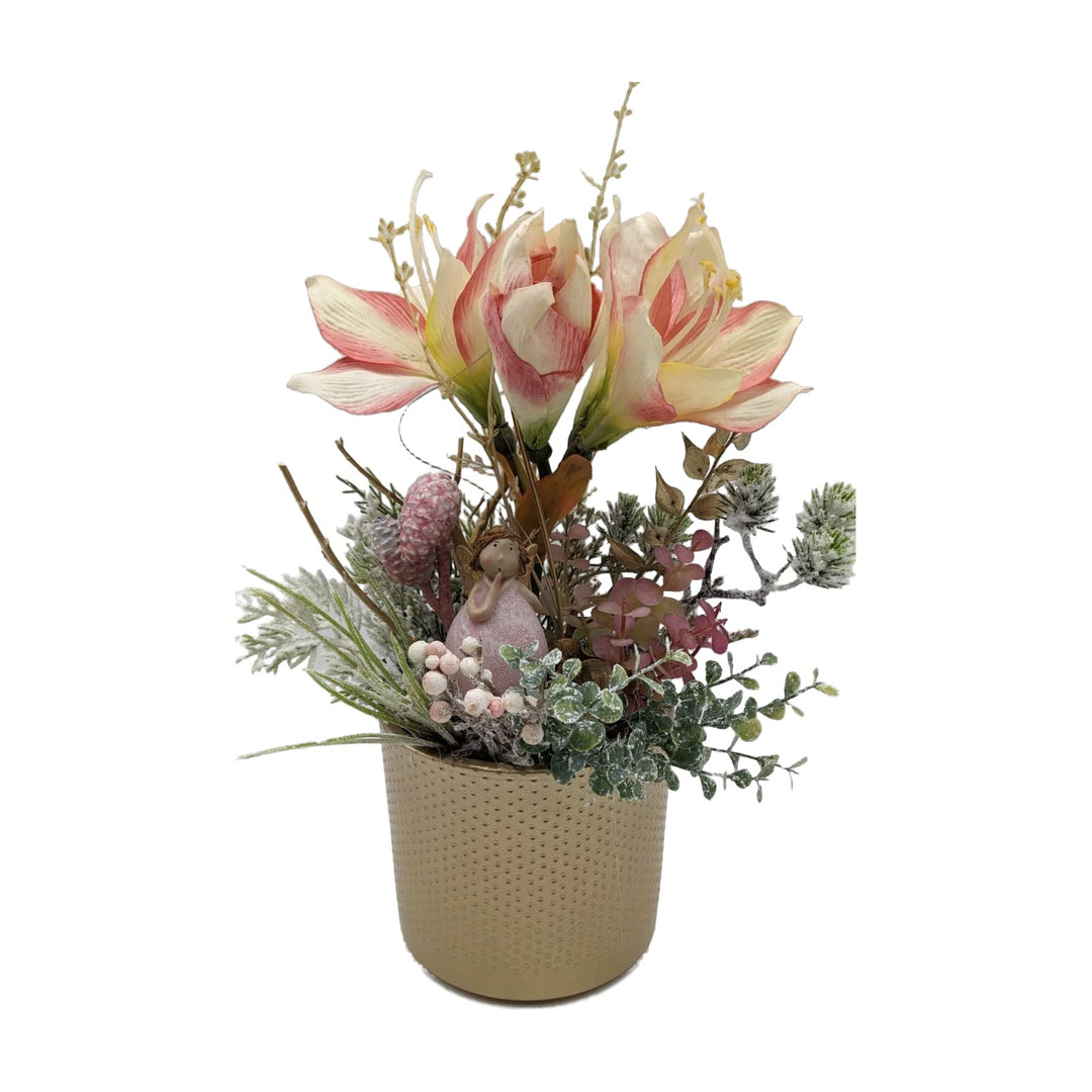 Freigestellt Wintergesteck Tischgesteck Schutzengel Amaryllis Beeren rosa gold