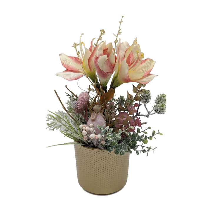 Freigestellt Wintergesteck Tischgesteck Schutzengel Amaryllis Beeren rosa gold