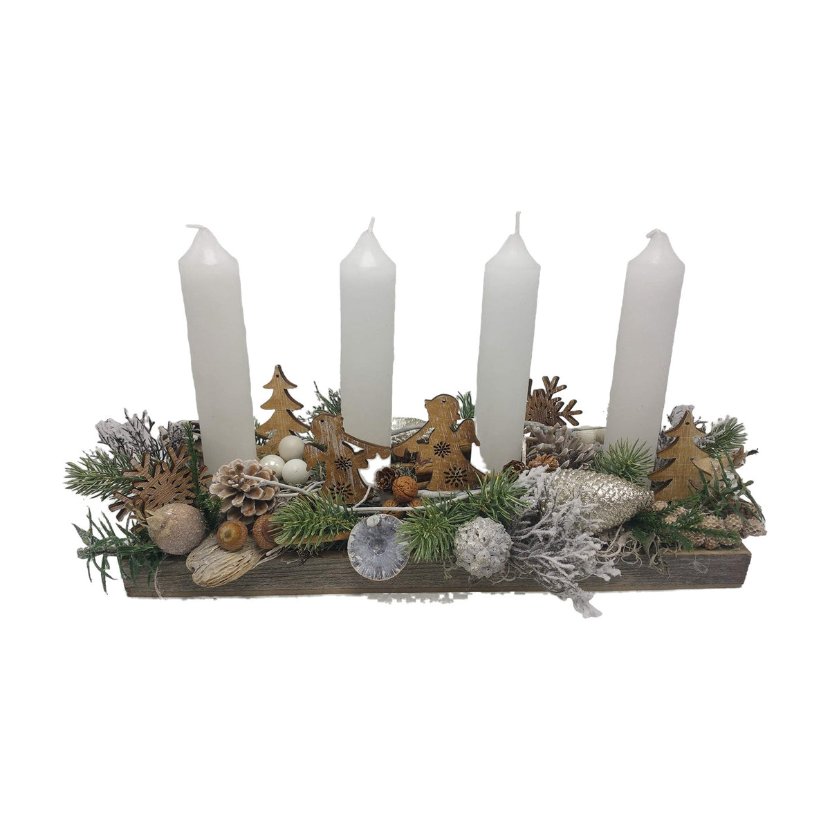 Freigestellt Adventsgesteck Weihnachtsgesteck Kerzen Engel Zapfen Nüsse weiß braun