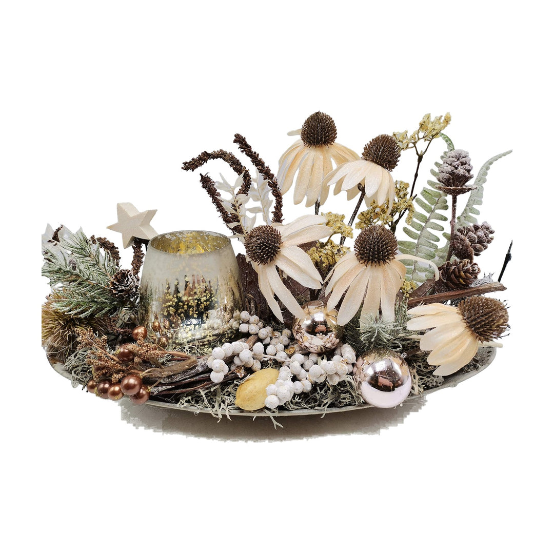 Freigestellt Blumengesteck Herbstgesteck Sonnenhut Beeren Kugeln Teelicht creme
