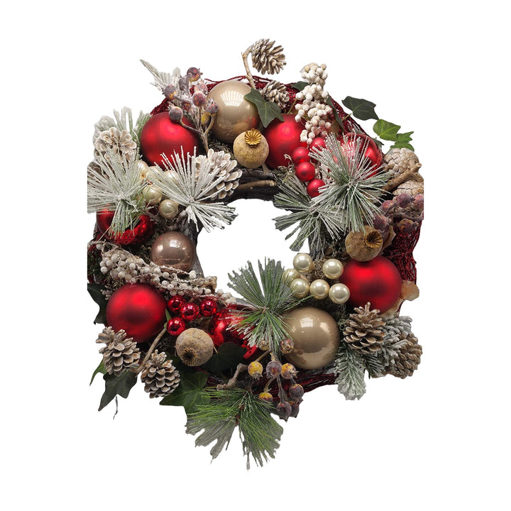 Freigestellt Weihnachtskranz Kugeln Zapfen Kiefer Beeren rot creme XL