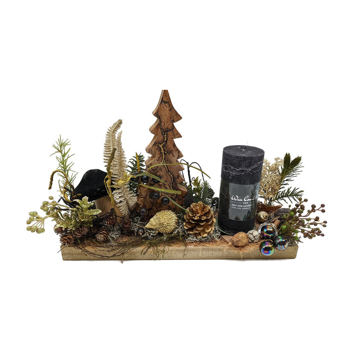 Freigestellt Weihnachtsgesteck Adventsgesteck Tannenbaum Igel Pilz Kerze schwarz gold