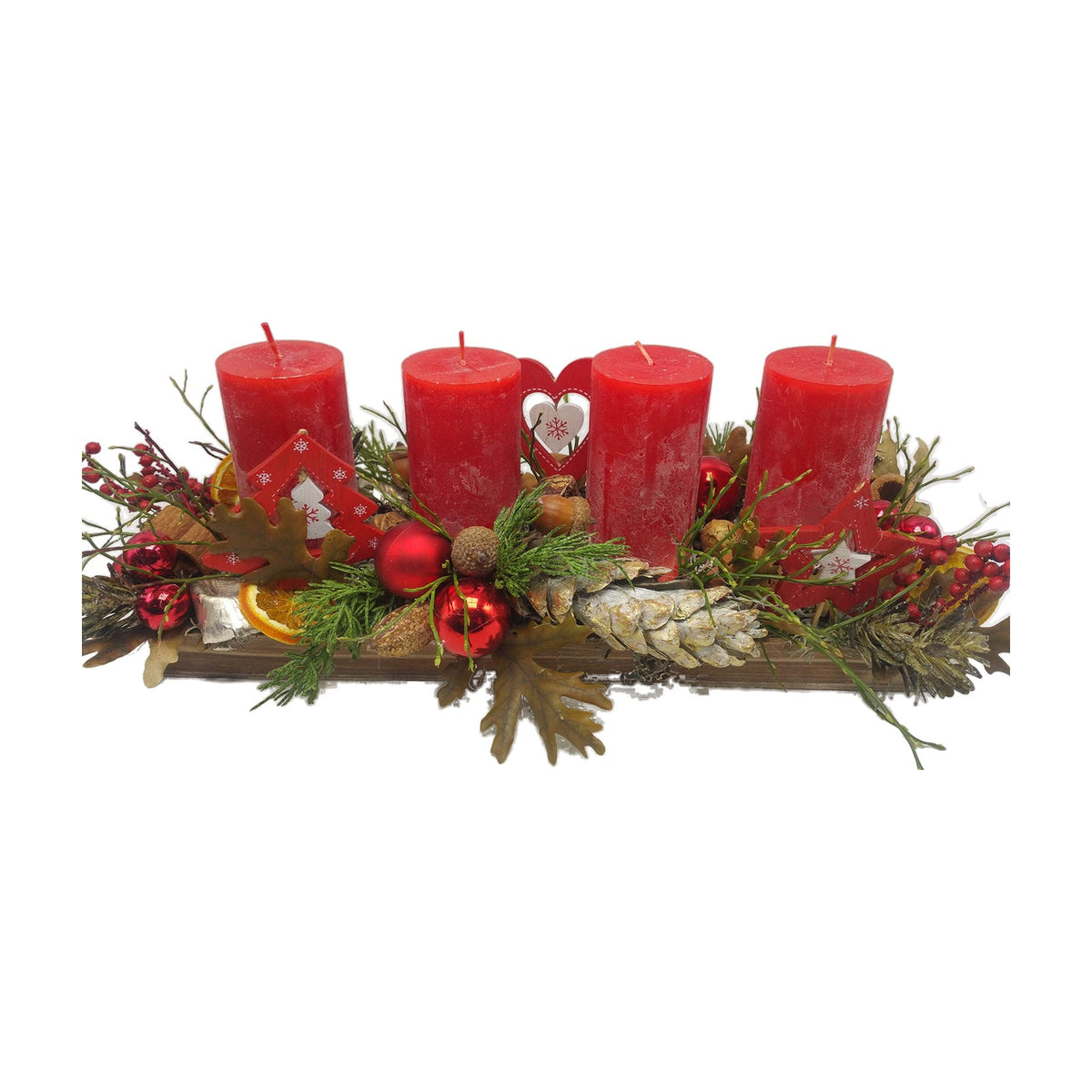 Freigestellt Adventsgesteck Weihnachtsgesteck Kerzen Kugeln Zapfen Herz rot grün