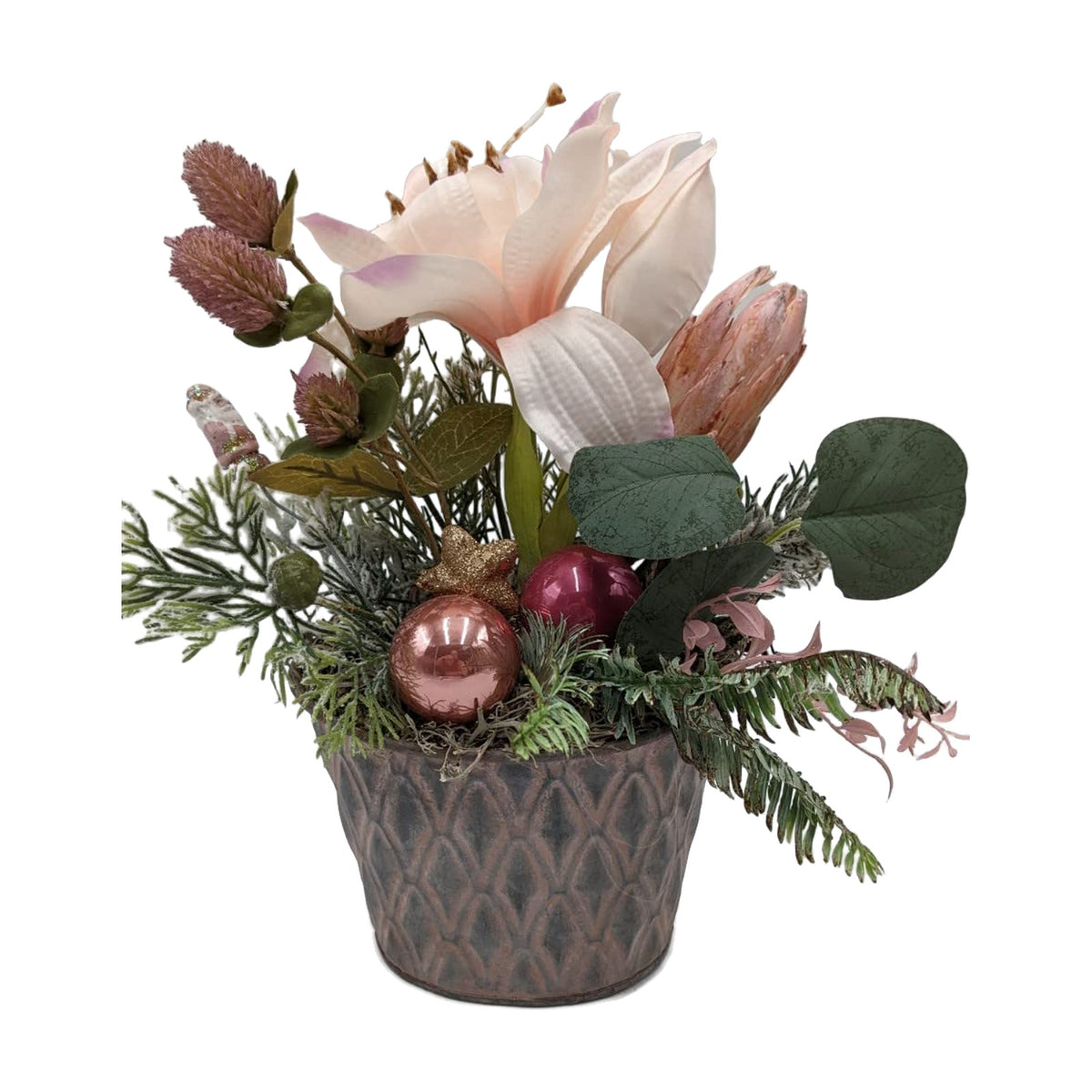 Freigestellt Weihnachtsgesteck Wintergesteck Tischgesteck Amaryllis Kugeln rosa grün
