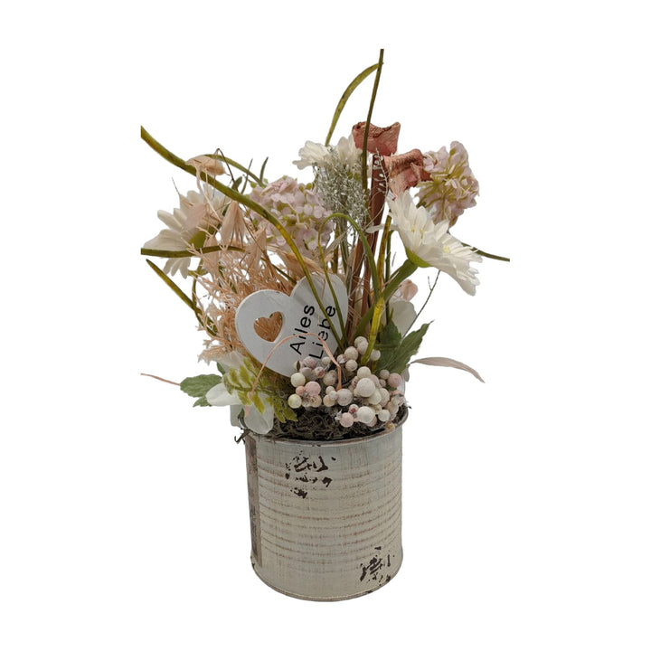 Freigestellt Tischgesteck Herz "Alles Liebe" Gerbera Beeren Gräser creme rosa