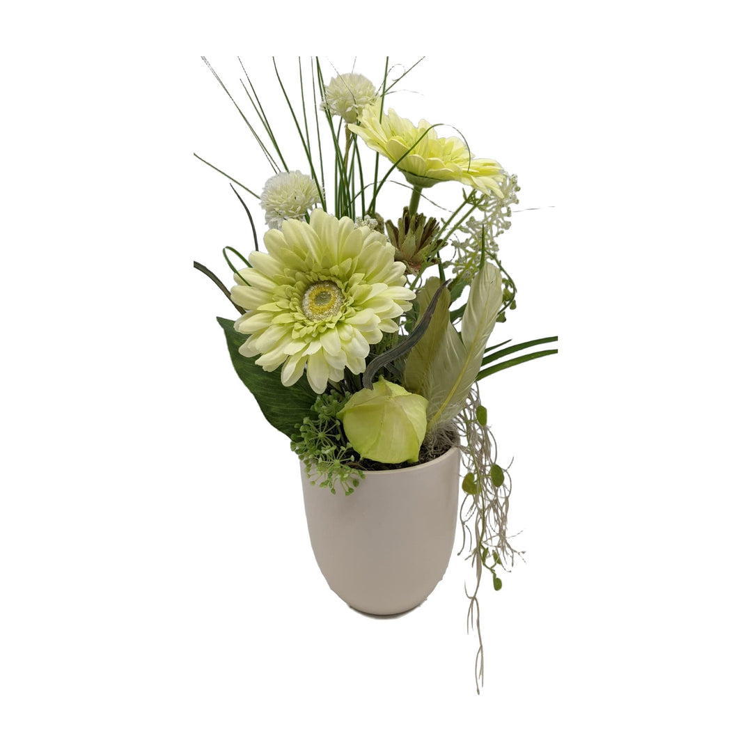 Freigestellt Sommergesteck Tischgesteck Gerbera Physalis Federn Gräser grün creme