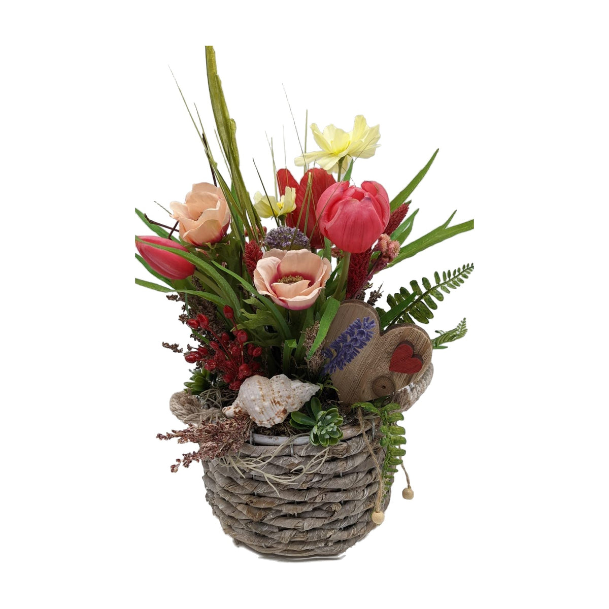 Freigestellt Ostergesteck Frühlingsgesteck Tulpen Anemonen Muschel Gräser bunt