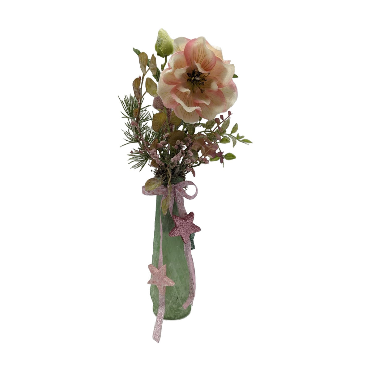Freigestellt Wintergesteck Christrose Beeren Tanne Sterne Schleife rosa grün