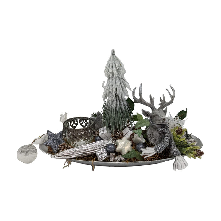 Freigestellt Weihnachtsgesteck Tischgesteck Hirsch Teelicht Bäumchen silber grün