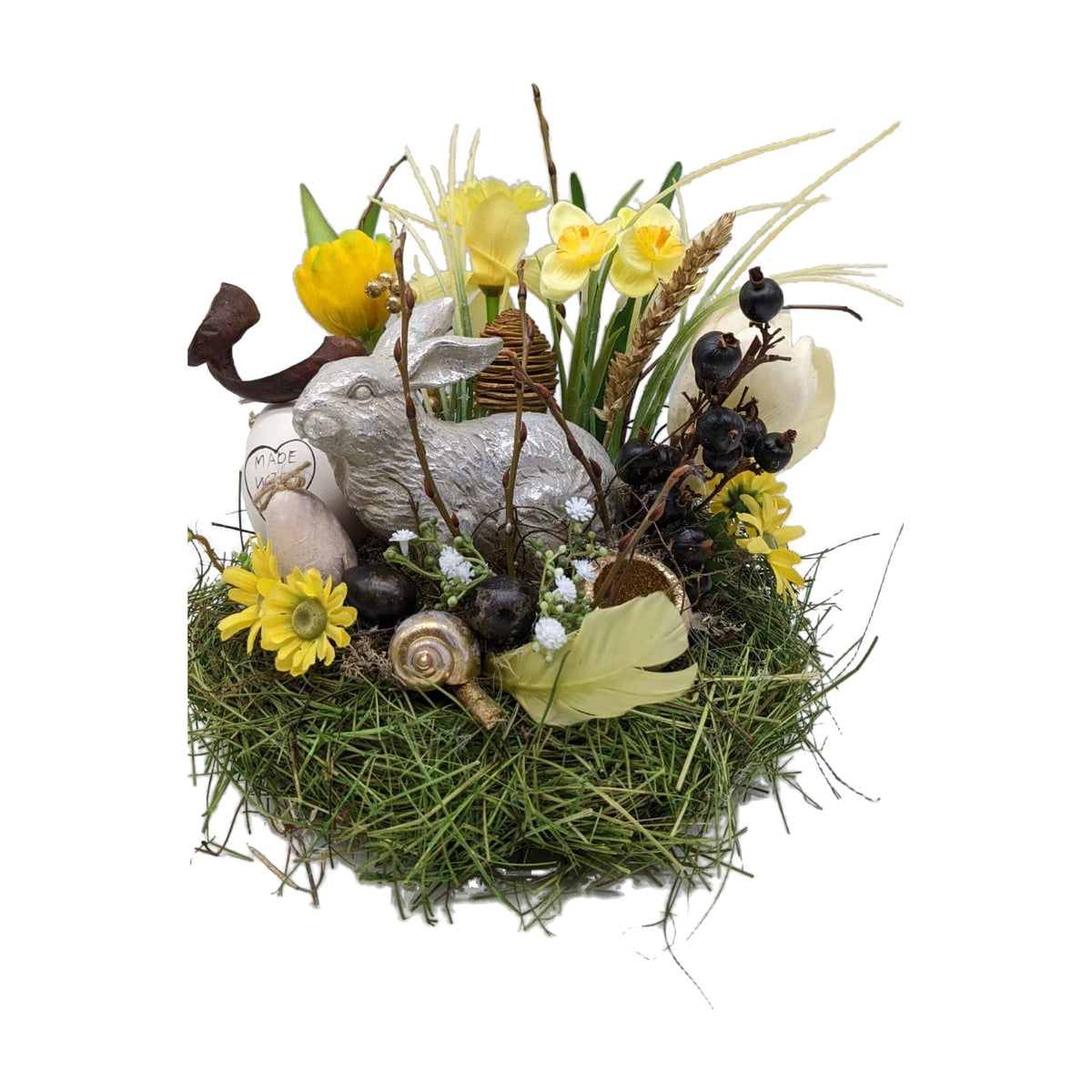 Freigestellt Ostergesteck Nest Hase Narzissen Eier gelb silber