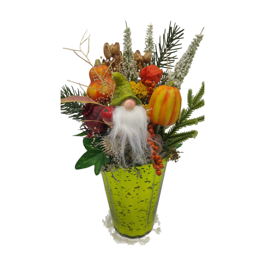 Freigestellt Seidenblumengesteck Herbstgesteck Wichtel Kürbis Beeren Tanne orange grün