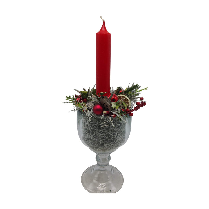 Freigestellt Weihnachtsgesteck Pokalglas Kerze Kugeln Tanne rot grün