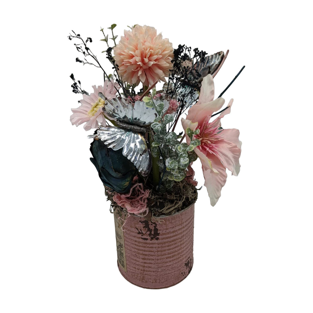 Freigestellt Tischgesteck Sommergesteck Gerbera Clematis Schmetterlinge rosa silber