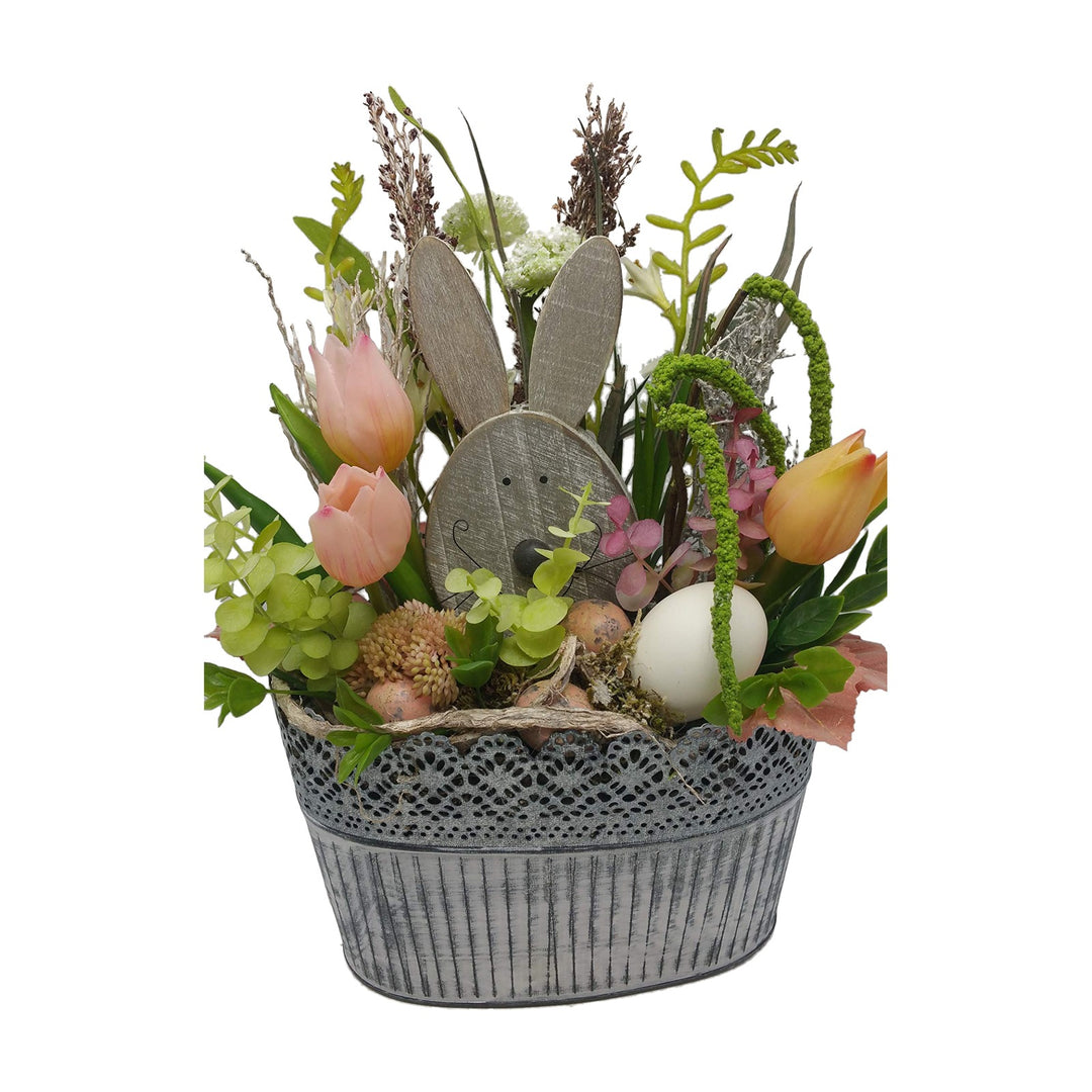 Freigestellt Ostergesteck Hase Tulpen Eukalyptus Eier rosa grau