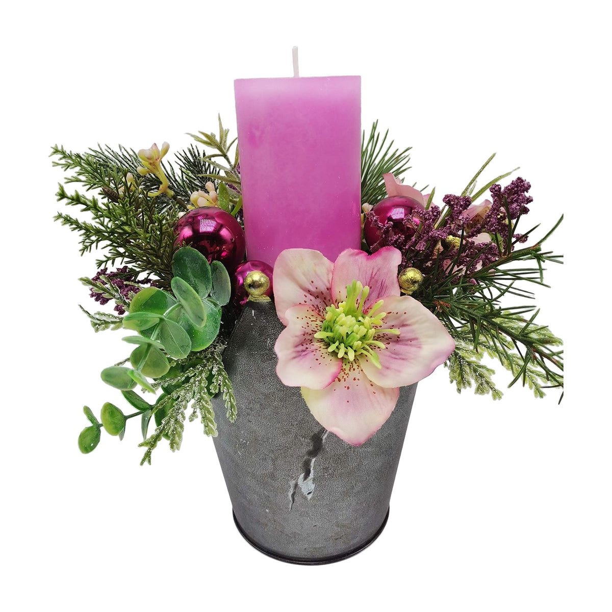 Freigestellt Weihnachtsgesteck Kerze Christrose Kugeln pink rosa