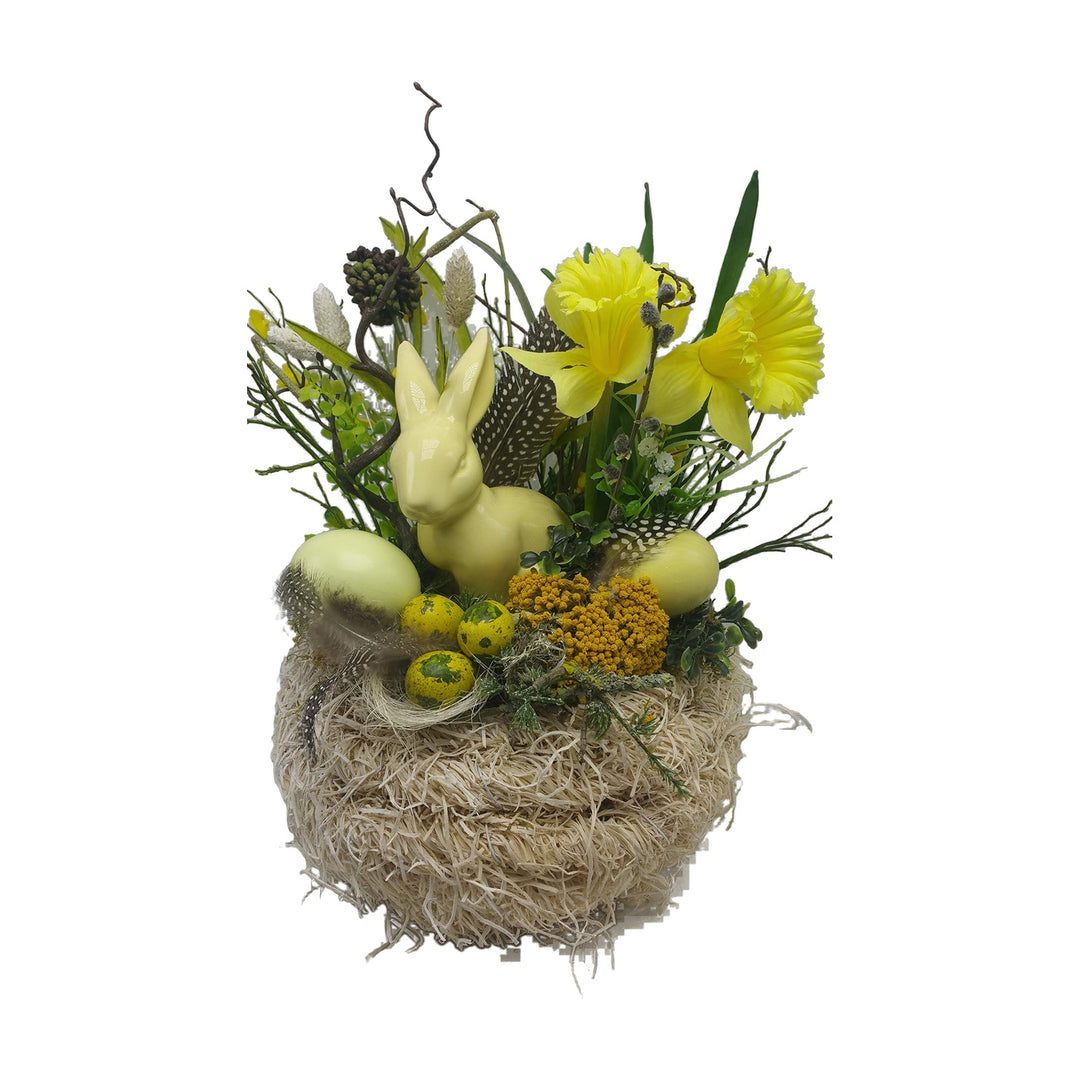 Freigestellt Seidenblumengesteck Ostergesteck Osterglocken Hase Eier Federn gelb