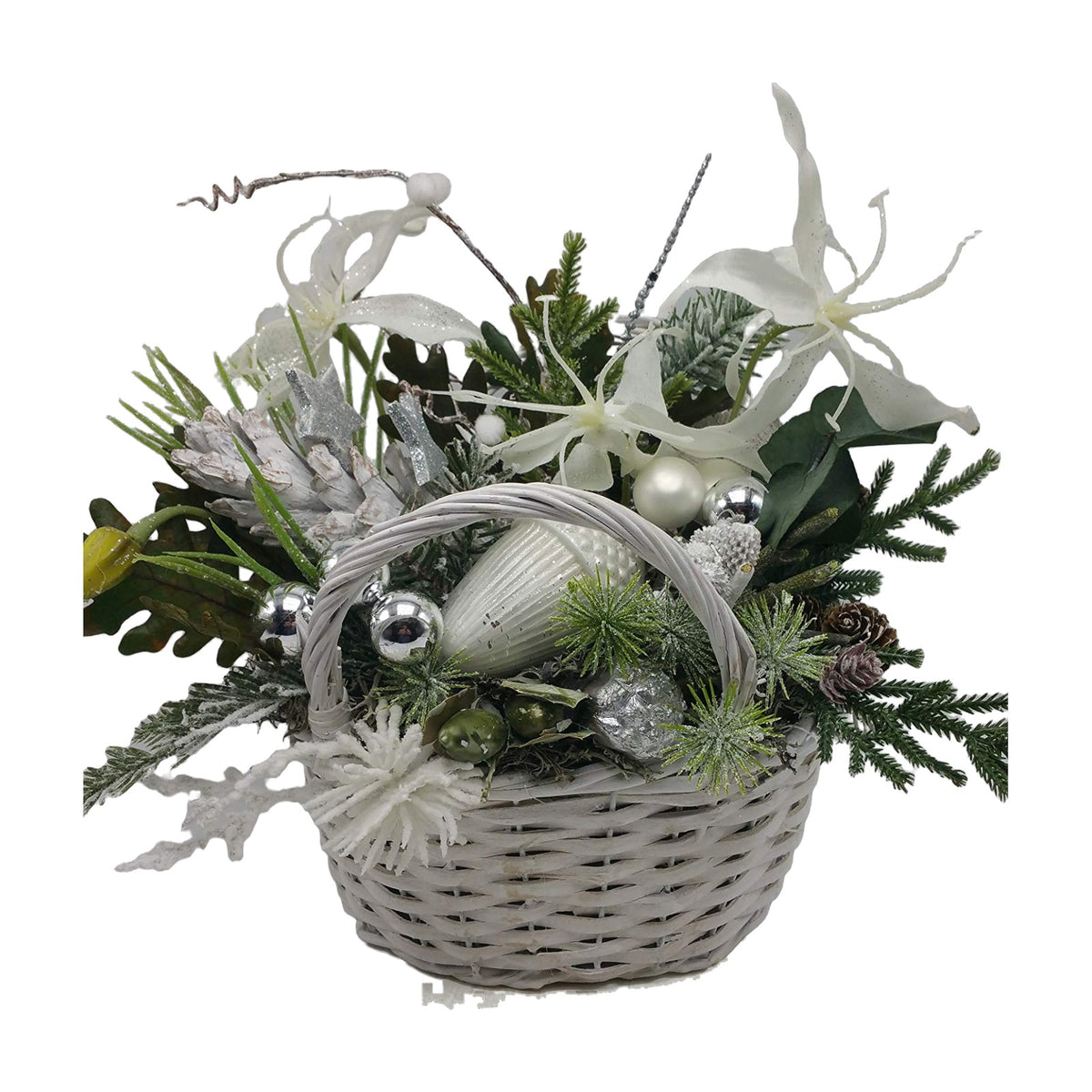 Freigestellt Weihnachtsgesteck Adventsgesteck Wintergesteck Kugeln Sterne weiß silber