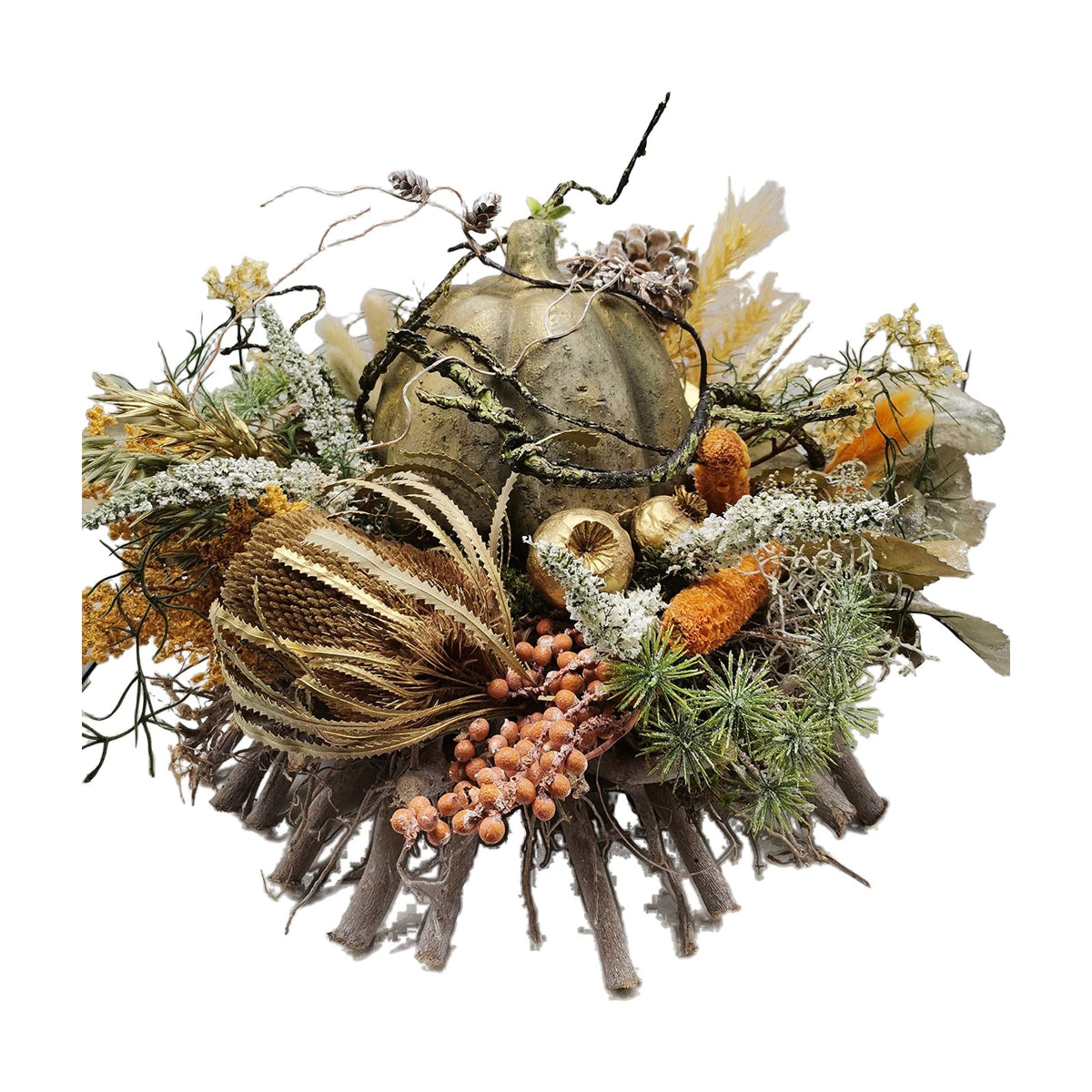 Freigestellt Blumengesteck Herbstgesteck Kürbis Banksia Mohn Mais braun gold XXL