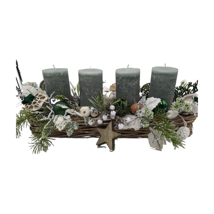 Freigestellt Weihnachtsgesteck Adventsgesteck 4 Kerzen Zapfen Beeren grün creme