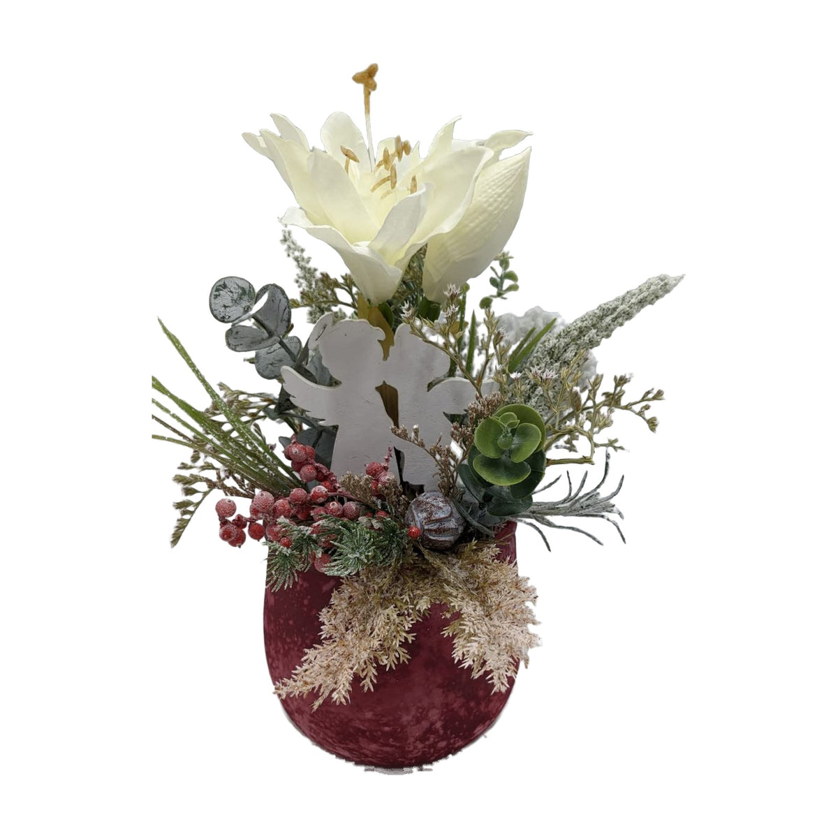 Freigestellt Wintergesteck Weihnachtsgesteck Engel Amaryllis Beeren Gräser weiß rot