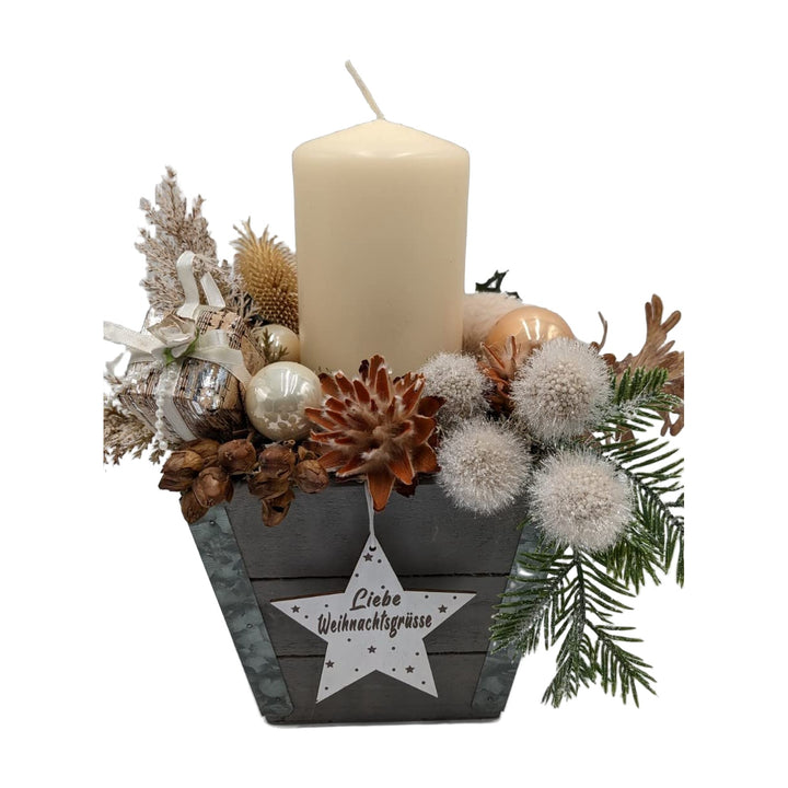 Freigestellt Wintergesteck Weihnachtsgesteck Tischgesteck Stern Kerze creme grau