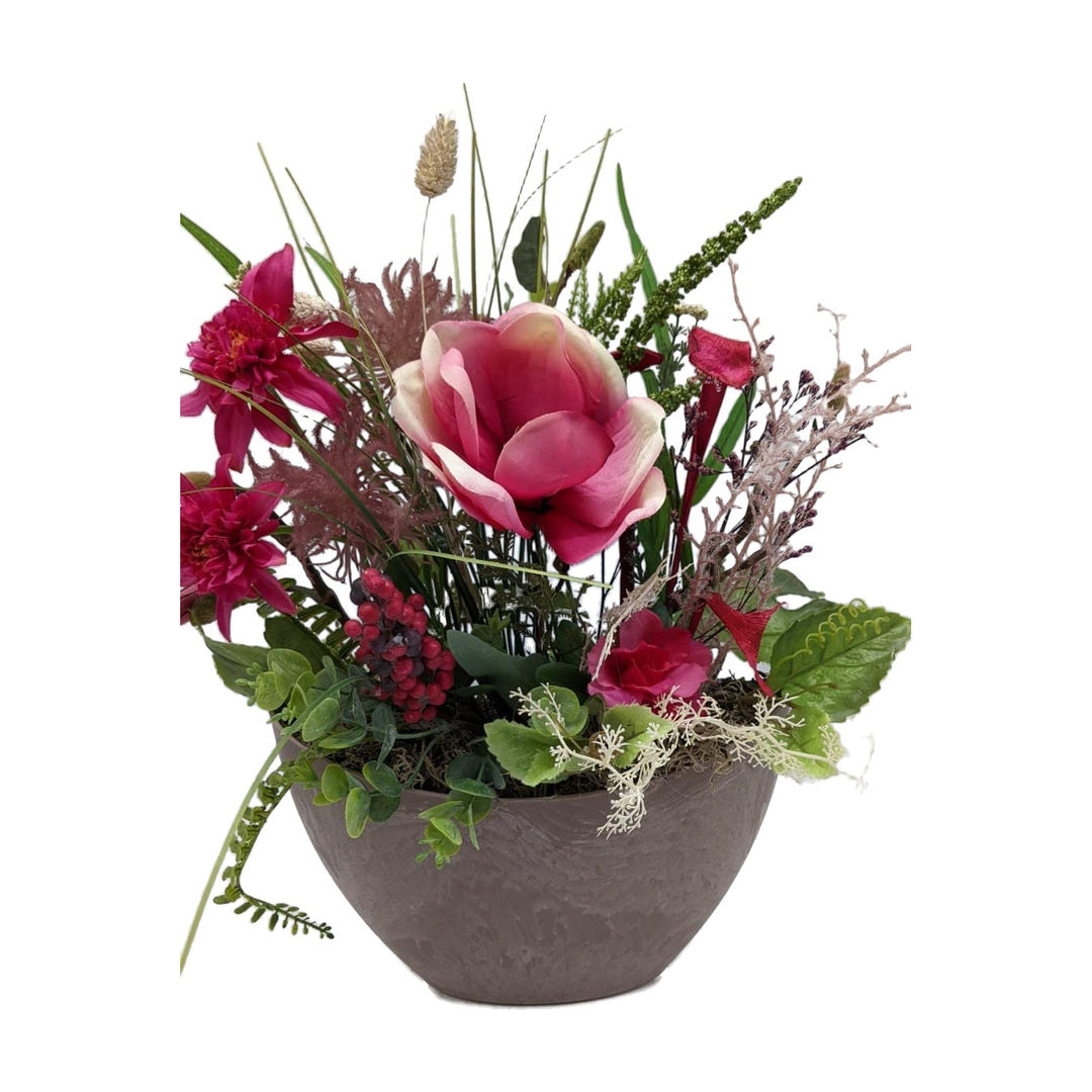 Freigestellt Tischgesteck Sommergesteck Magnolie Beeren Gräser pink grün