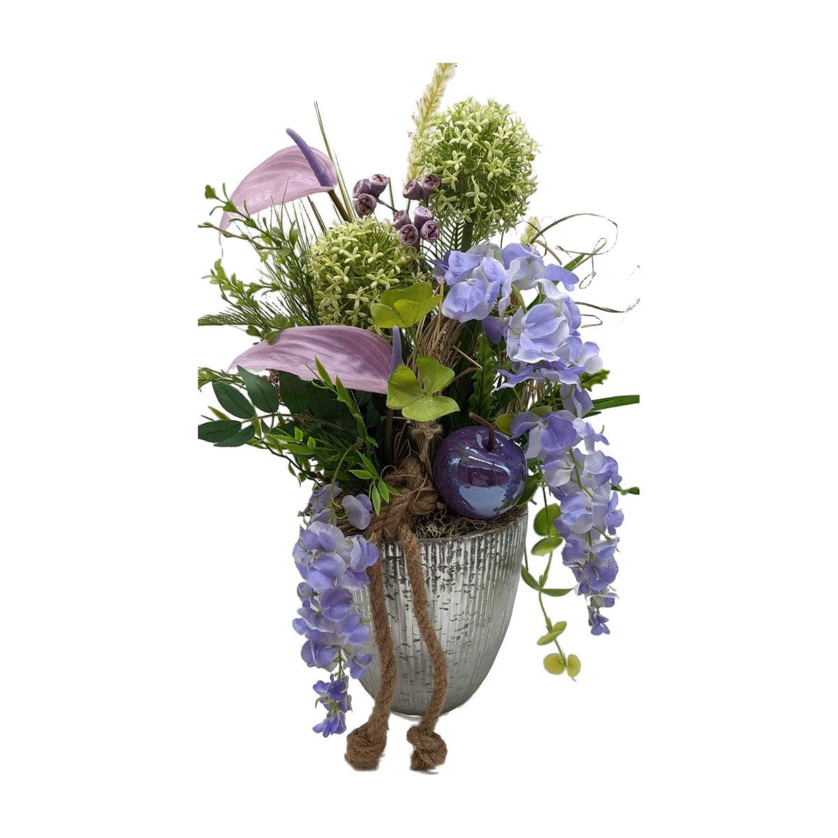 Freigestellt Sommergesteck Tischgesteck Blauregen Calla Apfel lila silber