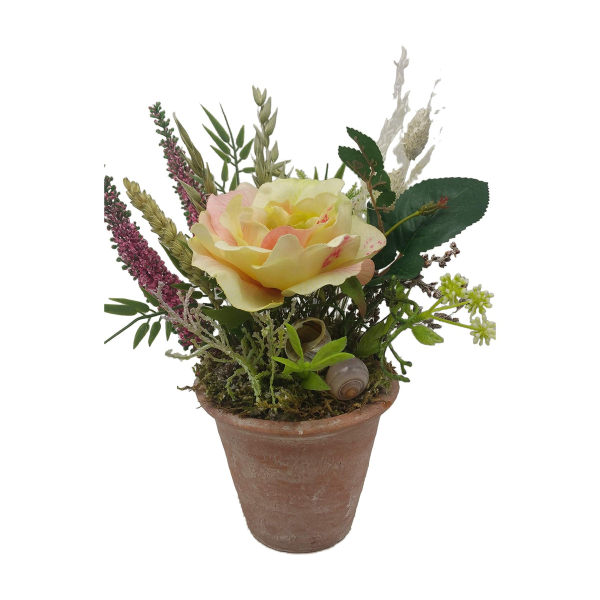 Freigestellt Seidenblumengesteck Sommergesteck Rose Heide Schnecken gelb pink