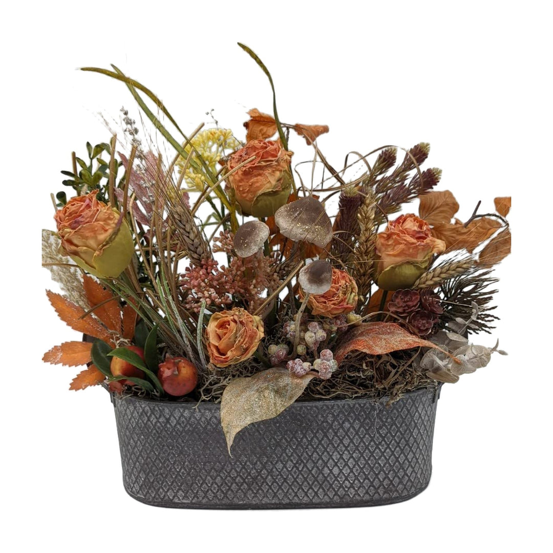 Freigestellt Herbstgesteck Pilze Rosen Blätter Beeren Gräser orange braun