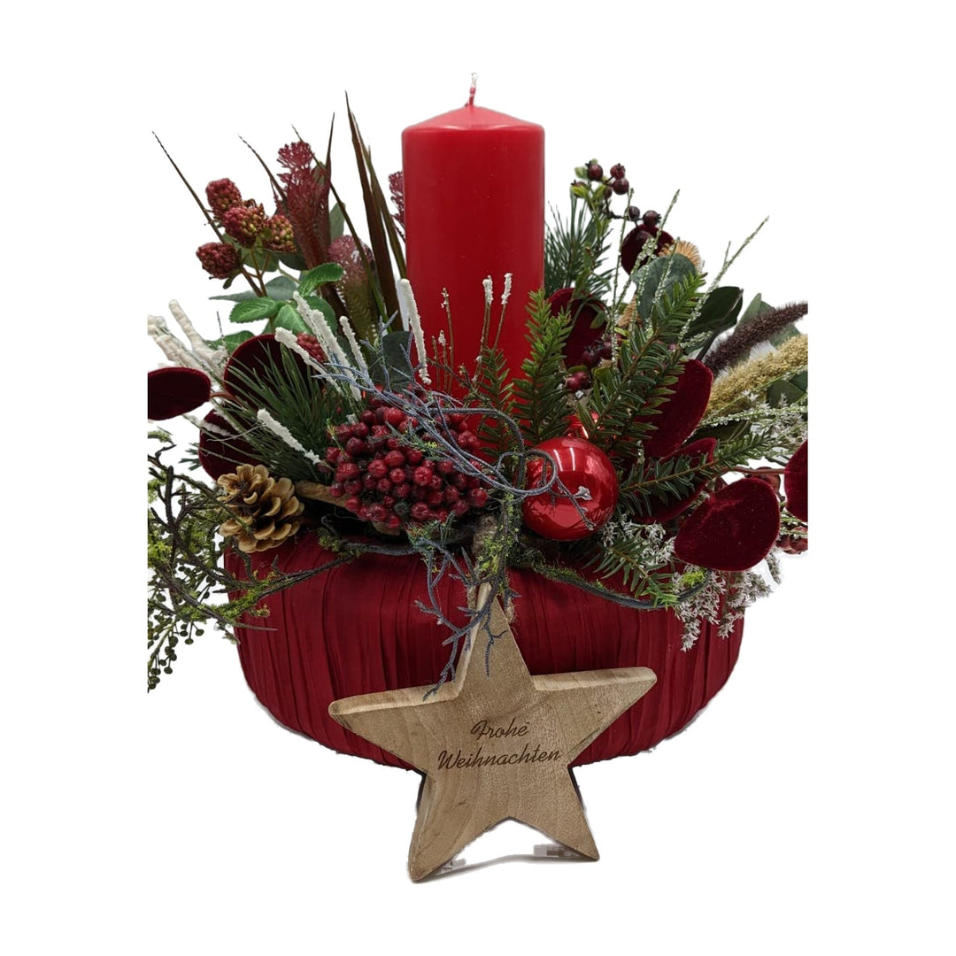Freigestellt Weihnachtsgesteck Kerze Stern Zapfen Beeren Tanne rot grün