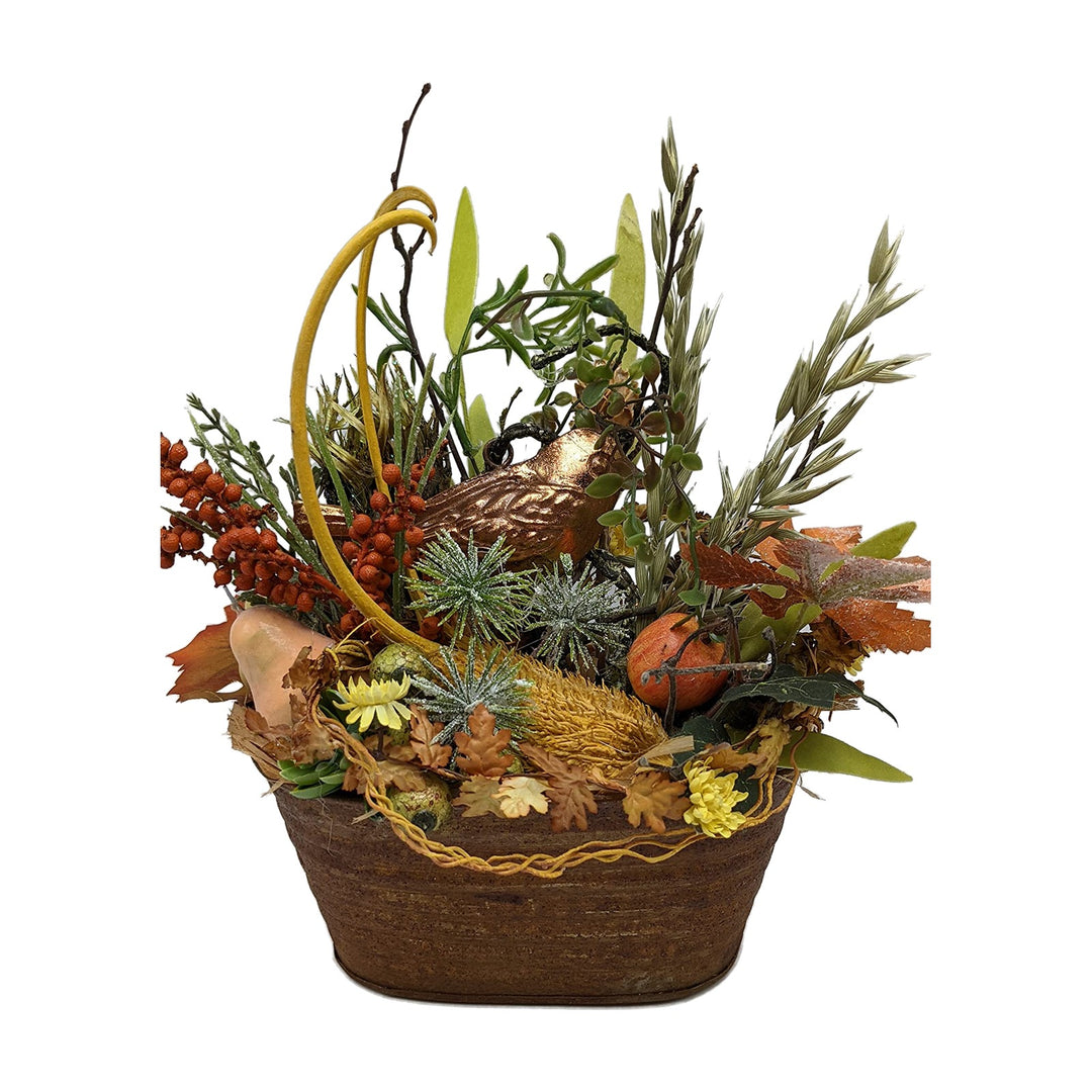 Freigestellt Blumengesteck Herbstgesteck Tischgesteck Vogel Beeren Laub kupfer